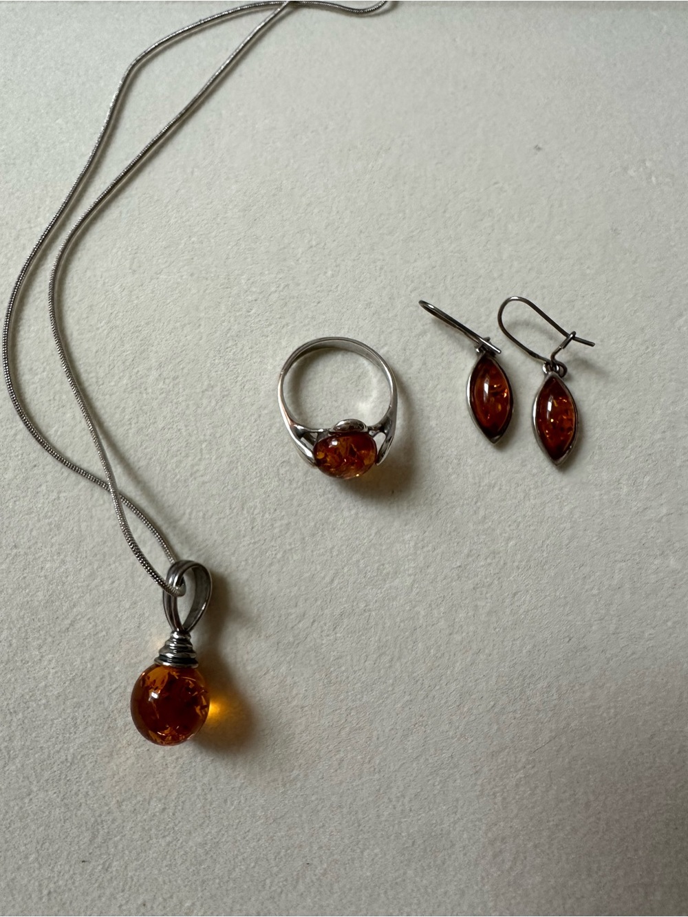 Sterling Silver Amber Necklace, Ring & Earrings Set - Deep Honey Amber